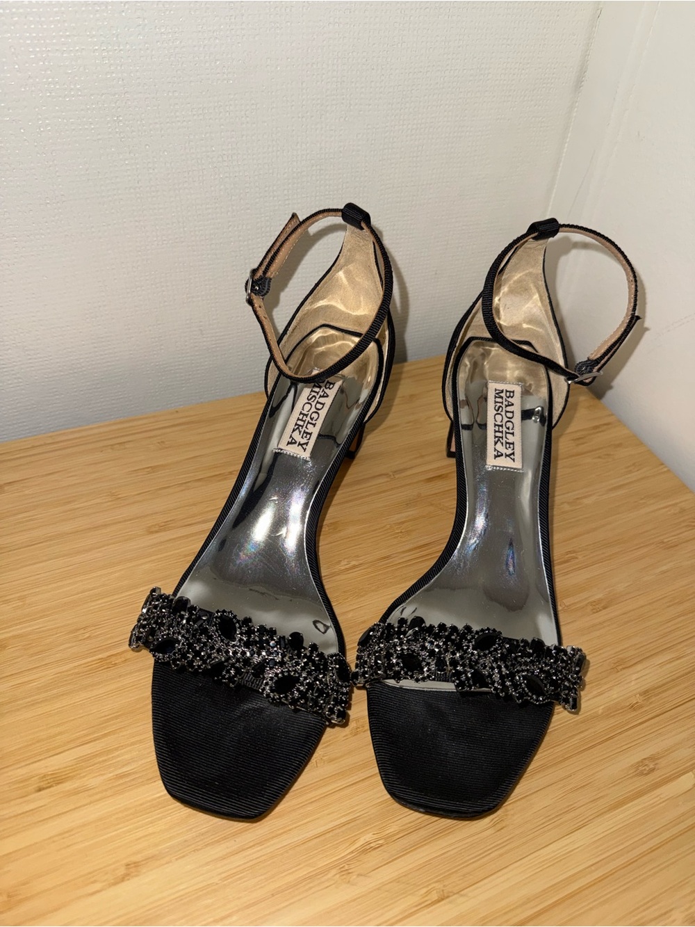 Badgley Mischka Black Crystal-Embellished Ankle-Strap Heels